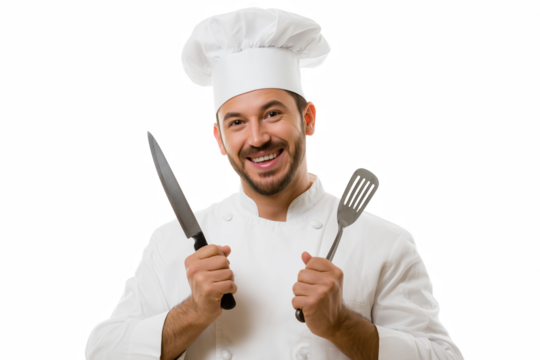 Culinary Craft: A skilled chef, donned in a pristine uniform, holds a sharp knife and a spatula, exuding culinary expertise and an inviting smile.