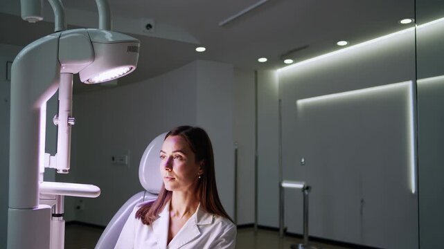 Woman in a white coat sitting in a dental chair during a panoramic x ray procedure. The equipment is taking a three dimensional ct scan