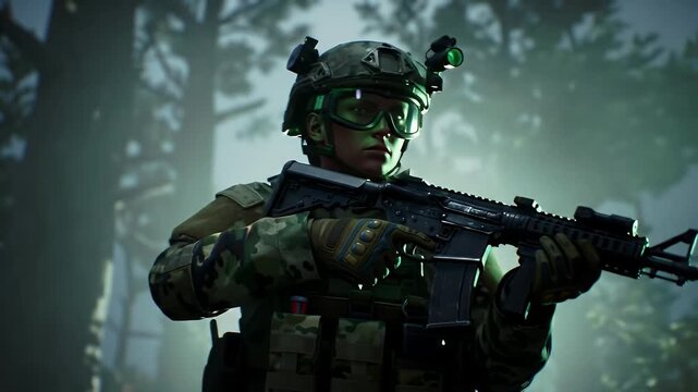 Female Soldier Armed with Assault Rifle in Forest with Soft Backlight