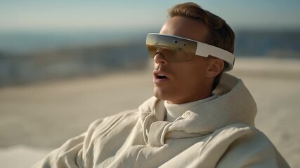 male adult performing guided breathing exercise with AR headset soft ocean sound immersive stress reduction digital wellness three quarter wide angle cinematic color correction - Powered by Adobe