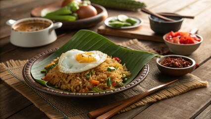 Delicious Nasi Goreng with Fried Egg and Fresh Ingredients Served