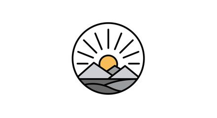 Minimalist Mountain and Sun Landscape Circle Logo Design.