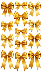 Collection of elegant golden satin bows for festive decoration.