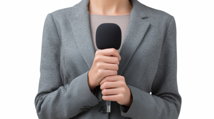 Press Conference with a Microphone: A poised individual, clad in a sleek grey suit, commands attention as they hold a microphone, ready to address the audience.