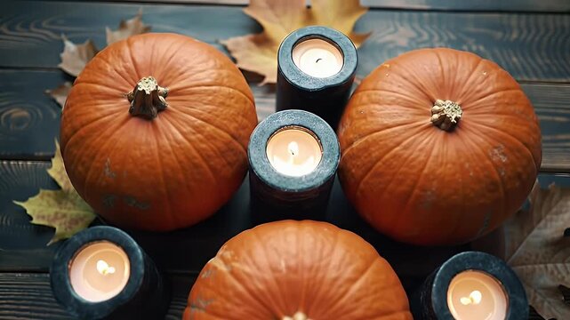 Overhead View of Pumpkins and Candles on Wood Grain Surface with Fall Leaves