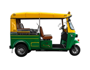 Modern Auto Rickshaw in Vibrant Yellow and Green, Street Perspective, Transparent PNG
