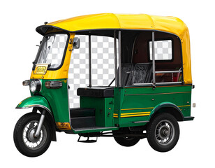 Modern Auto Rickshaw in Vibrant Yellow and Green, Street Perspective, Transparent PNG 