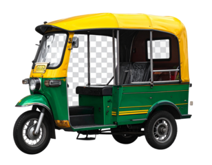 Modern Auto Rickshaw in Vibrant Yellow and Green, Street Perspective, Transparent PNG 