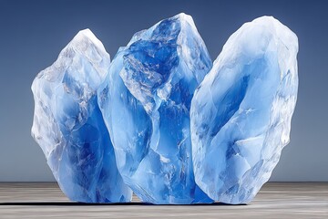 Obraz premium Three large crystalline blue translucent shards on a wooden surface