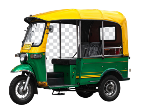 Modern Auto Rickshaw in Vibrant Yellow and Green, Street Perspective, Transparent PNG 