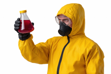 Protective Vigilance: A scientist in a yellow hazmat suit, meticulously examining a red chemical liquid, emphasizing safety and caution.