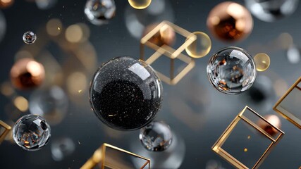 Floating spheres and geometric shapes create a lively 3D animation with vibrant reflections and depth in a modern design setting - Powered by Adobe