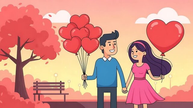 romance happy couple holding heart balloons in park
