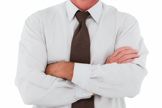 Confident Professional in Formal Attire: A sharply dressed professional stands with arms crossed, radiating confidence and competence, dressed in a pristine white shirt and a sophisticated tie.