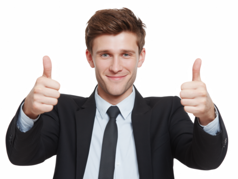 Positive Affirmation: A confident business man in a tailored suit conveys approval and endorsement with a double thumbs-up, exuding confidence and positivity.