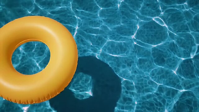 Aerial View of a Yellow Inflatable Ring Floating in the Azure Blue Water Surface with Light Reflections in Sunny Day