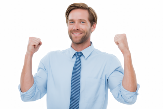 Triumphant Expression of Achievement: Confident professional celebrating success with joyful expression and raised fists.