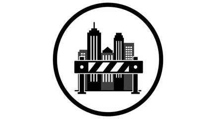 Obraz premium City skyline with construction barrier icon representing urban development and restricted access.