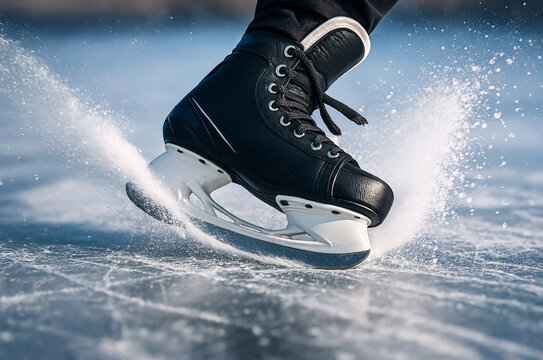 Close-up of black hockey skate sliding and stopping on frozen ice with snow spray. Dynamic winter action concept showing energy, motion, and speed during outdoor skating or hockey game.