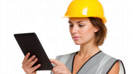 The Visionary Architect: A focused and determined female architect, clad in a safety vest and helmet, uses a digital tablet.