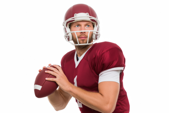 American Football Player's Focus: A focused football player in full uniform, poised to make a strategic play. His gaze intense, and with a steady grip on the ball.