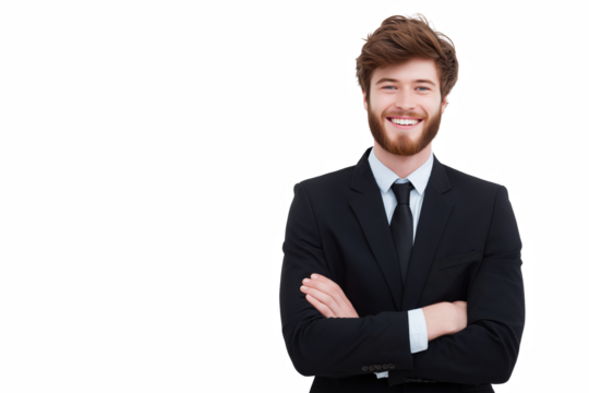 Confident Professional in Suit: A sharp, well-groomed professional exudes confidence, standing with arms crossed, a warm smile and focused gaze. conveying professionalism and success.