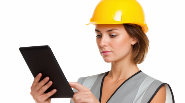 The Visionary Architect: A focused and determined female architect, clad in a safety vest and helmet, uses a digital tablet.
