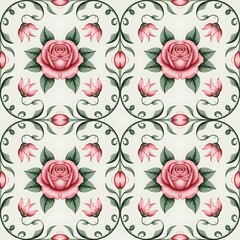 Elegant vintage floral seamless pattern with delicate pink roses and swirling green leaves on a cream background