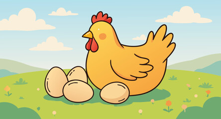 A cheerful yellow chicken sits in a green meadow next to three large eggs under a bright blue sky—ideal for farm, agriculture, or educational projects