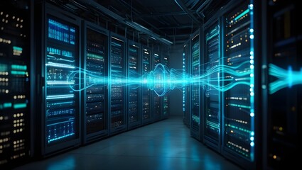Data center with server racks and glowing blue network connections