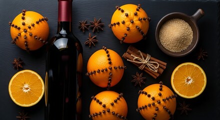Festive Mulled Wine Ingredients - Oranges, Spices, and Red Wine on Dark Background.