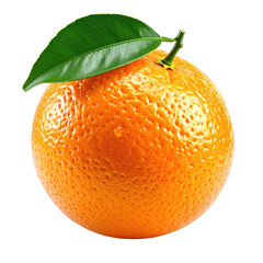 A single ripe orange fruit with a fresh green leaf attached to its stem.