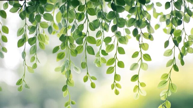 A close-up shot of a branch with multiple green leaves dangling down