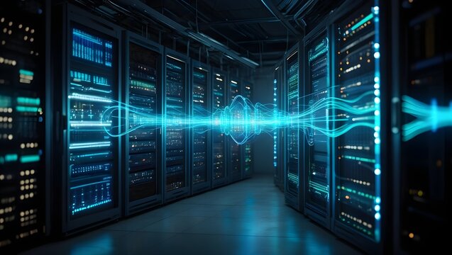 Data center with server racks and glowing blue network connections