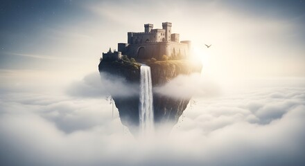 Fantasy castle floating in the sky above the clouds with waterfall