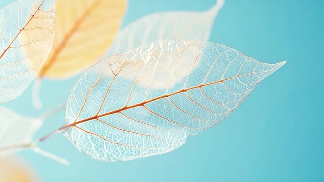 Close up view of leaves on a branch, with intricate details and texture