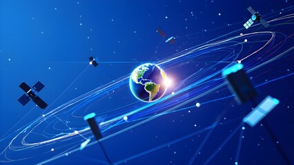 Earth with satellites orbiting around it in space with blue background