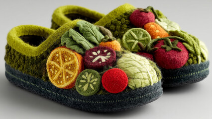 Handmade felt slippers with colorful vegetable embroidery