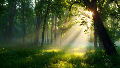Obraz premium Magical sunrise in lush green forest with sunlight streaming through trees on a misty morning background, tranquil natural environment scene.