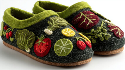 Handmade felt slippers with colorful vegetable embroidery