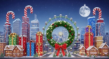 Whimsical Winter Wonderland Cityscape with Giant Candy Canes and Festive Ferris Wheel.