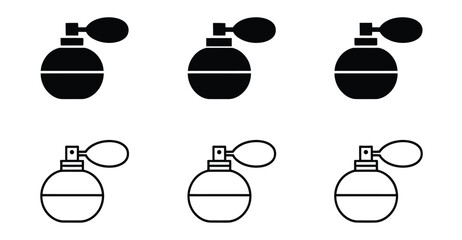 Vintage perfume bottle icon set – stylized atomizer silhouettes in solid and outline for fragrance, beauty, branding, and cosmetic design 