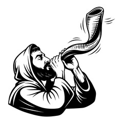 Wishing a blessed yom kippur , man blowing shofar in black and white vector illustration vector , icon