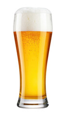 A tall clear glass filled with golden beer and a thick frothy head.