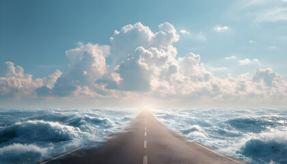 Surreal road stretching infinitely over ocean waves under bright sky with fluffy clouds, symbolizing light, freedom, and endless travel journey
