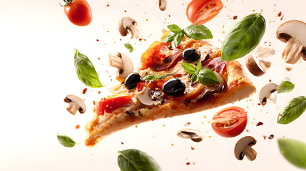 Flying pizza slice with ingredients isolated on transparent white background