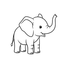 Fototapeta premium Cute Baby Elephant with Raised Trunk - Simple Black and White Line Art Illustration for Coloring Book, Safari, or Zoo Design