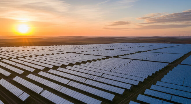 Vast Solar Farm Under a Beautiful Sunset Sky Energy Production - Powered by Adobe