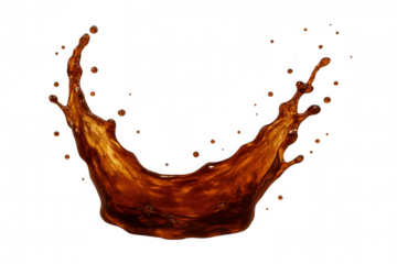 Dark brown coffee liquid splashing, creating dynamic motion and refreshing droplets on transparent background