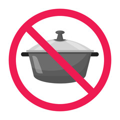 No pot sign, forbidden sign with cooking pot icon, red crossed circle symbol, flat vector illustration